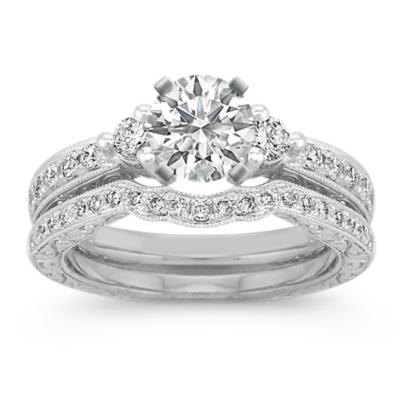 Three-Stone Vintage Diamond Engagement Ring with Pavé Setting Three-Stone Vintage Diamond Engagement Ring with Pavé Setting