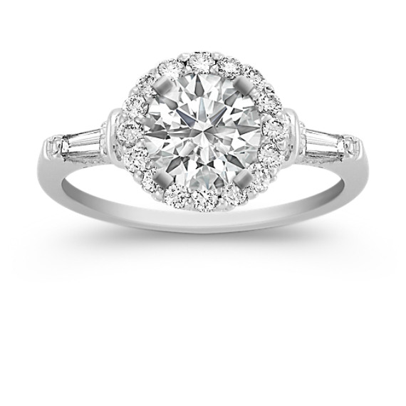 Halo Baguette and Round Diamond Platinum Engagement Ring Halo Baguette and Round Diamond Platinum Engagement Ring
