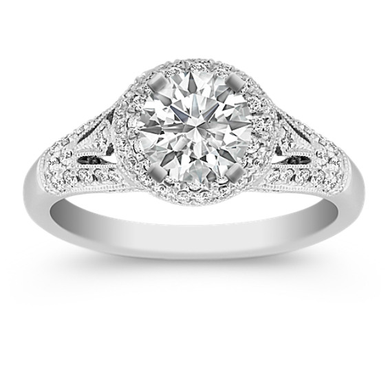 Halo Diamond Platinum Engagement Ring with Pavé-Setting Halo Diamond Platinum Engagement Ring with Pavé-Setting