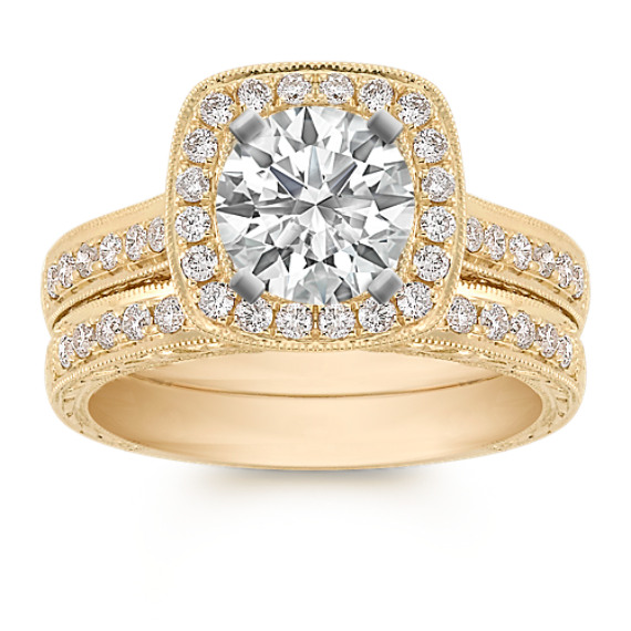 Halo Vintage Pavé Set Diamond Wedding Set in 14k Yellow Gold Halo Vintage Pavé Set Diamond Wedding Set in 14k Yellow Gold