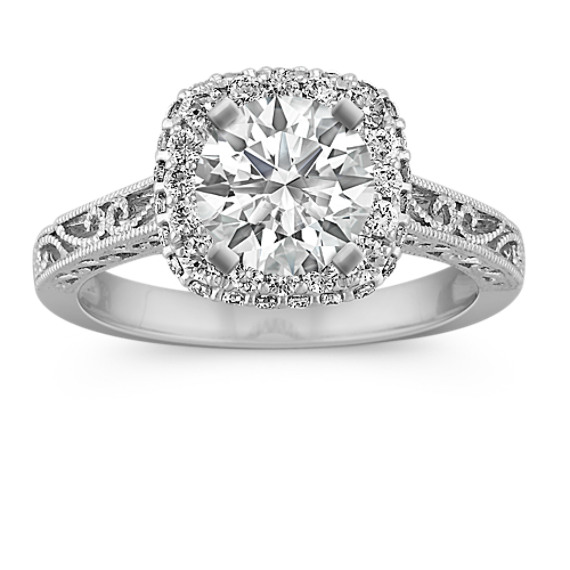 Round Diamond Halo Engagement Ring with Scroll Accents Round Diamond Halo Engagement Ring with Scroll Accents