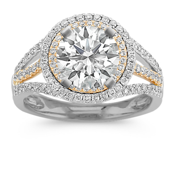 Halo Diamond Engagement Ring in Two-Tone Gold with Pavé Setting Halo Diamond Engagement Ring in Two-Tone Gold with Pavé Setting