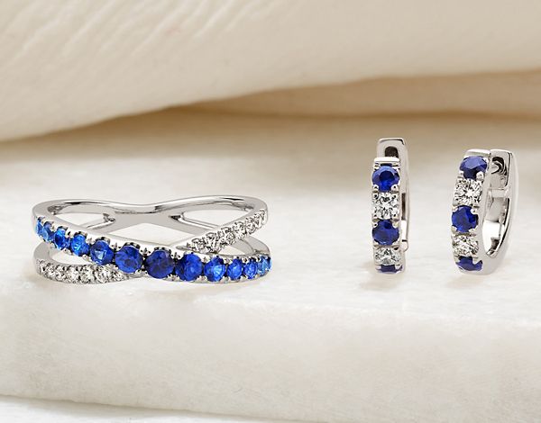 Mobile Image of a sapphire fashion ring and a pair of sapphire and diamond hoop earrings