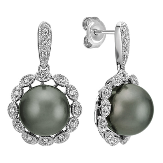 10mm Cultured Tahitian Pearl and Diamond Halo Earrings 10mm Cultured Tahitian Pearl and Diamond Halo Earrings