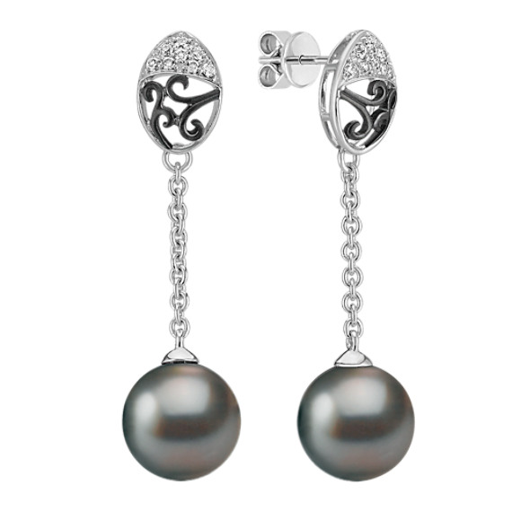 10mm Cultured Tahitian Pearl and Round Diamond Earrings 10mm Cultured Tahitian Pearl and Round Diamond Earrings