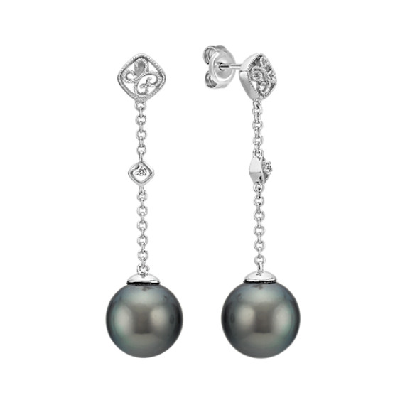11mm Cultured Tahitian Pearl and Round Diamond Dangle Earrings 11mm Cultured Tahitian Pearl and Round Diamond Dangle Earrings
