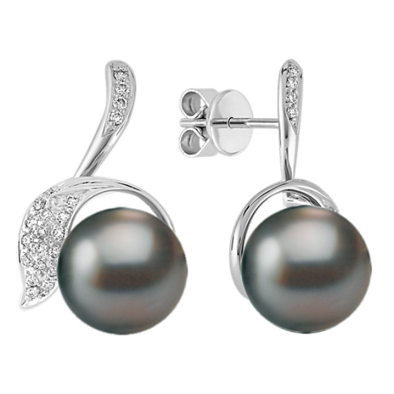 11mm Cultured Tahitian Pearl and Round Diamond Earrings 11mm Cultured Tahitian Pearl and Round Diamond Earrings