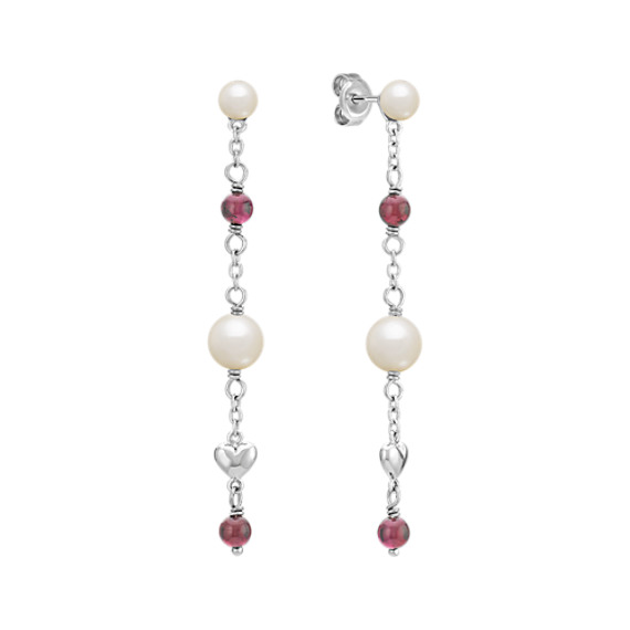 4.5-6.5mm Cultured Freshwater Pearl and Garnet Earrings in Sterling Silver 4.5-6.5mm Cultured Freshwater Pearl and Garnet Earrings in Sterling Silver