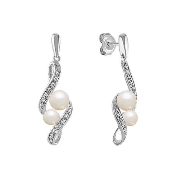 4.5-6mm Cultured Freshwater Pearl and Round Diamond Earrings in Sterling Silver 4.5-6mm Cultured Freshwater Pearl and Round Diamond Earrings in Sterling Silver