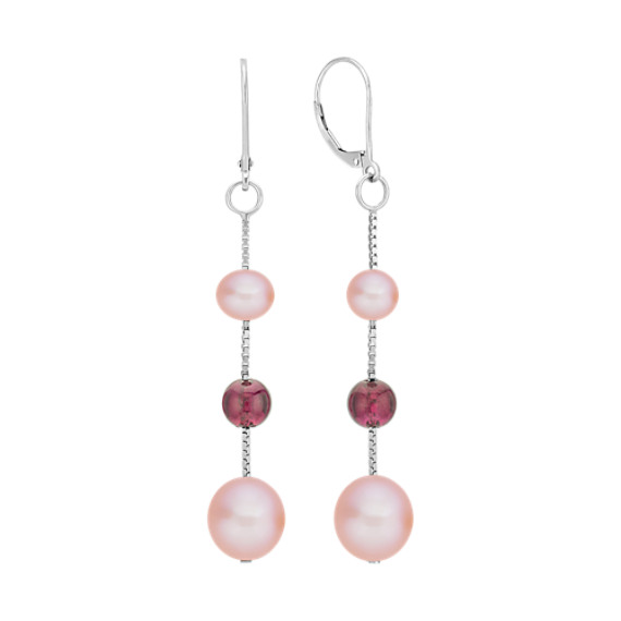 5.5-9mm Pink Cultured Freshwater Pearl and Garnet Red Velvet Earrings 5.5-9mm Pink Cultured Freshwater Pearl and Garnet Red Velvet Earrings