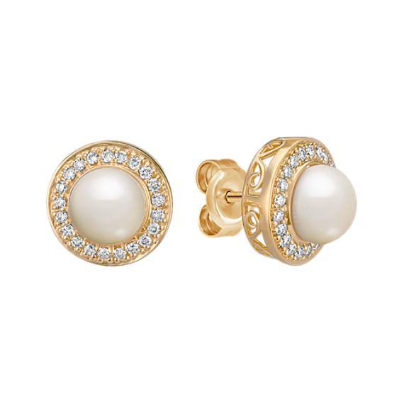 5.5mm Cultured Freshwater Pearl and Round Diamond Earrings 5.5mm Cultured Freshwater Pearl and Round Diamond Earrings