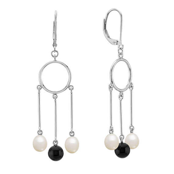 5.5mm Cultured Freshwater Pearl, Black Agate and Sterling Silver Earrings 5.5mm Cultured Freshwater Pearl, Black Agate and Sterling Silver Earrings