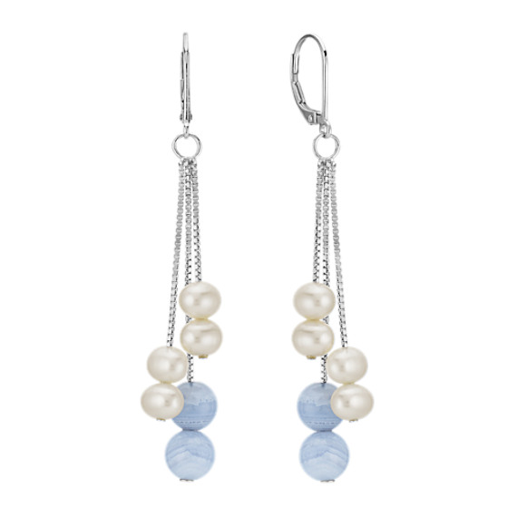 5mm Cultured Freshwater Pearl and Blue Lace Agate Sterling Silver Earrings 5mm Cultured Freshwater Pearl and Blue Lace Agate Sterling Silver Earrings