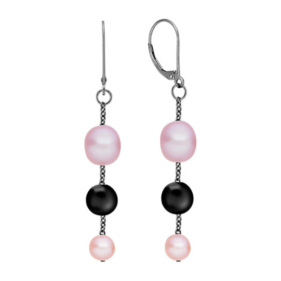 6.5-9.5mm Multi-Colored Cultured Freshwater Pearl, Black Agate and Sterling Silver Earrings 6.5-9.5mm Multi-Colored Cultured Freshwater Pearl, Black Agate and Sterling Silver Earrings