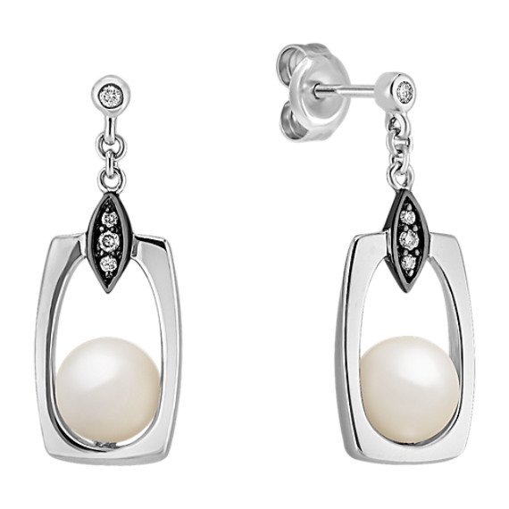 6.5mm Cultured Freshwater Pearl and Round Diamond Earrings 6.5mm Cultured Freshwater Pearl and Round Diamond Earrings