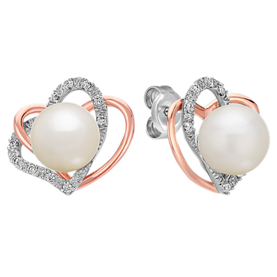 7.5mm Cultured Freshwater Pearl and Diamond Double Heart Earrings in Sterling Silver & 14k Rose Gold 7.5mm Cultured Freshwater Pearl and Diamond Double Heart Earrings in Sterling Silver & 14k Rose Gold