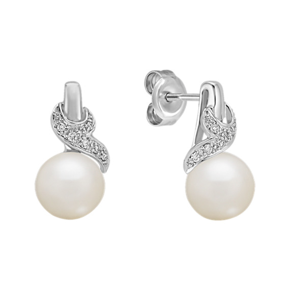 7.5mm Cultured Freshwater Pearl and Round Diamond Earrings 7.5mm Cultured Freshwater Pearl and Round Diamond Earrings