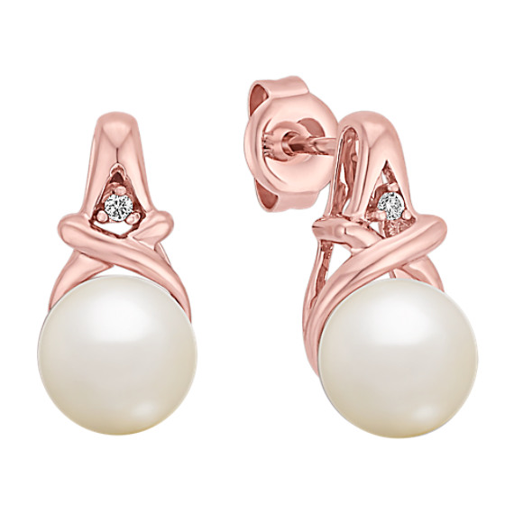 7mm Cultured Akoya Pearl and Diamond Earrings in Rose Gold 7mm Cultured Akoya Pearl and Diamond Earrings in Rose Gold
