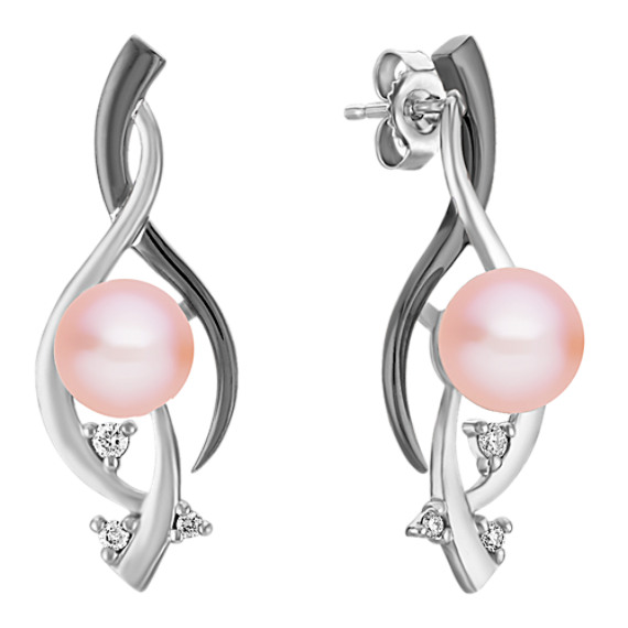 7mm Cultured Pink Freshwater Pearl, Diamond and Black Rhodium Earrings 7mm Cultured Pink Freshwater Pearl, Diamond and Black Rhodium Earrings