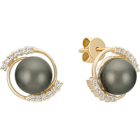 8mm Cultured Tahitian Pearl and Round Diamond Earrings 8mm Cultured Tahitian Pearl and Round Diamond Earrings