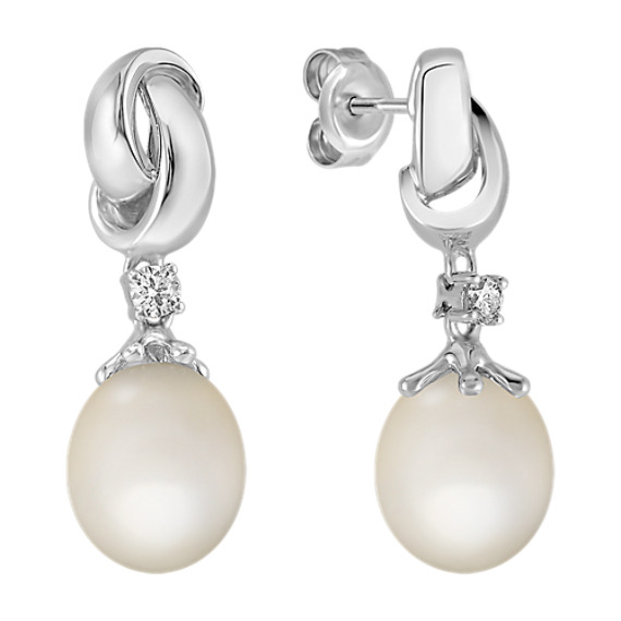 9mm Cultured Freshwater Pearl and Round Diamond Earrings in Sterling Silver 9mm Cultured Freshwater Pearl and Round Diamond Earrings in Sterling Silver