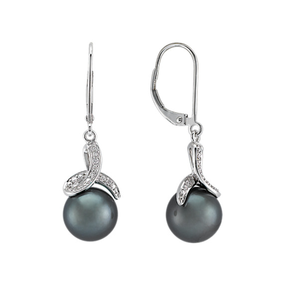 9mm Cultured Tahitian Pearl and Diamond Earrings 9mm Cultured Tahitian Pearl and Diamond Earrings