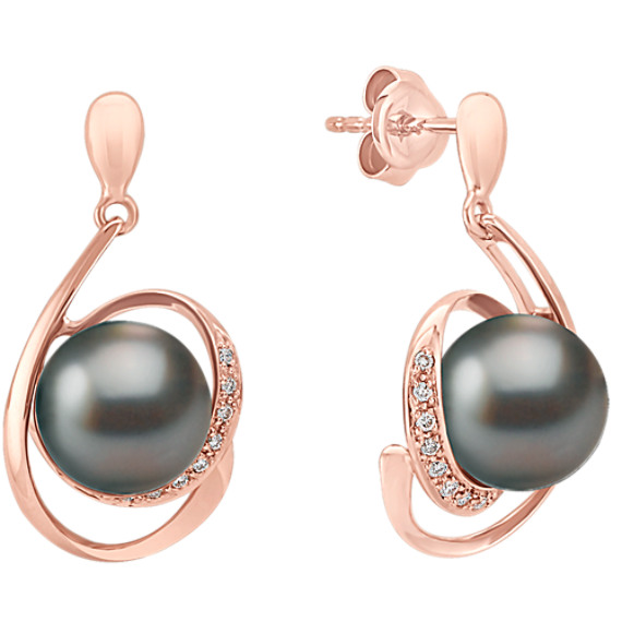 9mm Cultured Tahitian Pearl and Round Diamond Earrings in Rose Gold 9mm Cultured Tahitian Pearl and Round Diamond Earrings in Rose Gold