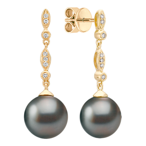 9mm Cultured Tahitian Pearl and Round Diamond Earrings 9mm Cultured Tahitian Pearl and Round Diamond Earrings