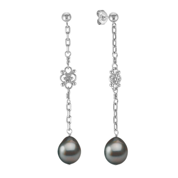 9mm Cultured Tahitian Pearl and Sterling Silver Dangle Earrings 9mm Cultured Tahitian Pearl and Sterling Silver Dangle Earrings