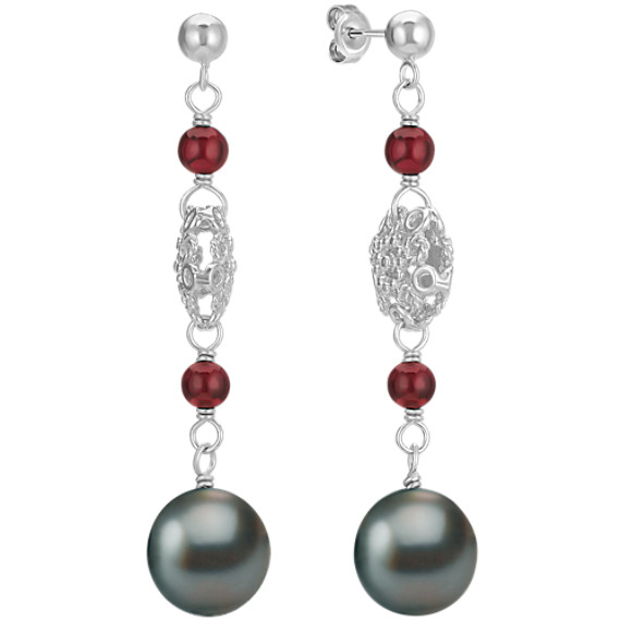 9mm Cultured Tahitian Pearl, Garnet, and Sterling Silver Dangle Earrings 9mm Cultured Tahitian Pearl, Garnet, and Sterling Silver Dangle Earrings