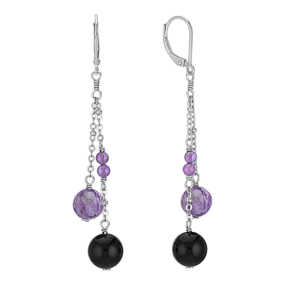 Amethyst, Charoite, Black Agate, and Sterling Silver Earrings Amethyst, Charoite, Black Agate, and Sterling Silver Earrings
