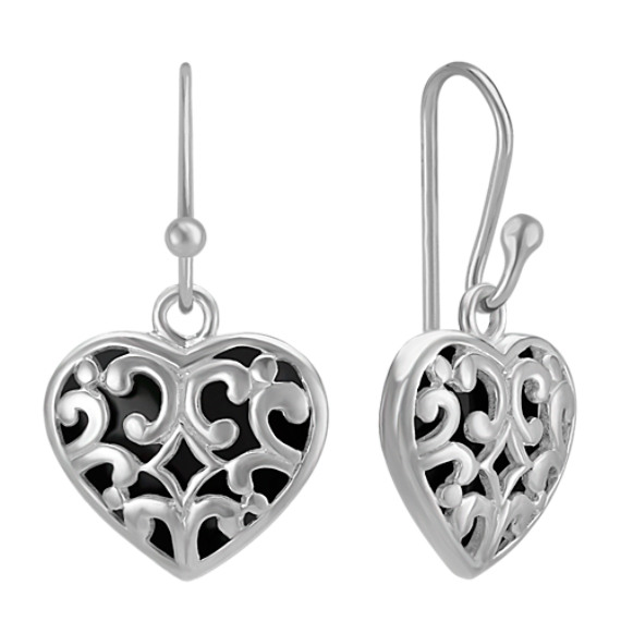 Black Agate and Sterling Silver Dangle Heart Earrings Black Agate and Sterling Silver Dangle Heart Earrings