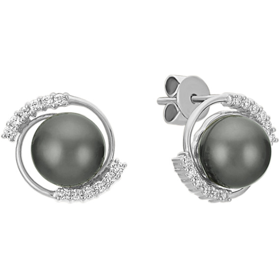 Diamond and 8mm Cultured Tahitian Pearl Earrings Diamond and 8mm Cultured Tahitian Pearl Earrings