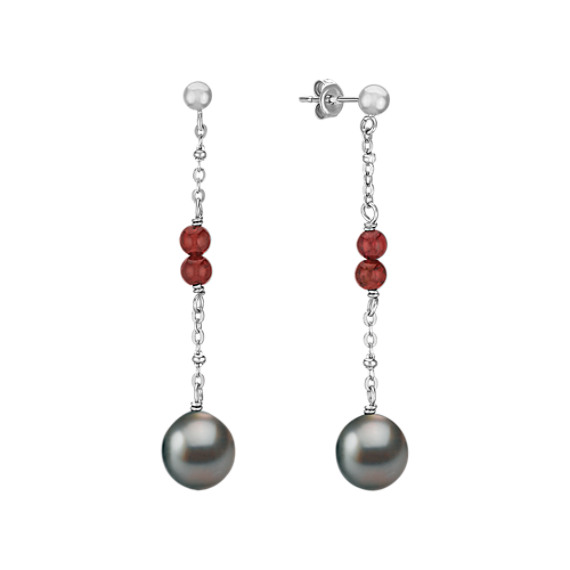 Garnet, 9mm Cultured Tahitian Pearl and Sterling Silver Earrings Garnet, 9mm Cultured Tahitian Pearl and Sterling Silver Earrings
