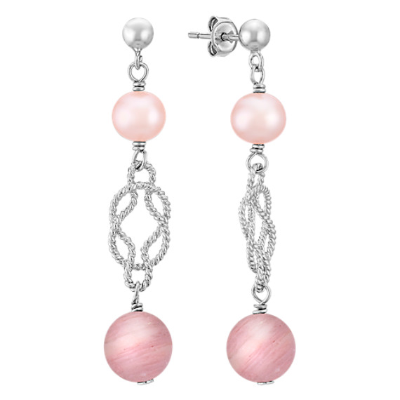 Rhodonite, 6mm Pink Cultured Freshwater Pearl and Sterling Silver Earrings Rhodonite, 6mm Pink Cultured Freshwater Pearl and Sterling Silver Earrings