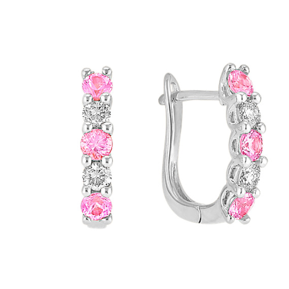 Round Pink Sapphire and Diamond Hoop Earrings Round Pink Sapphire and Diamond Hoop Earrings