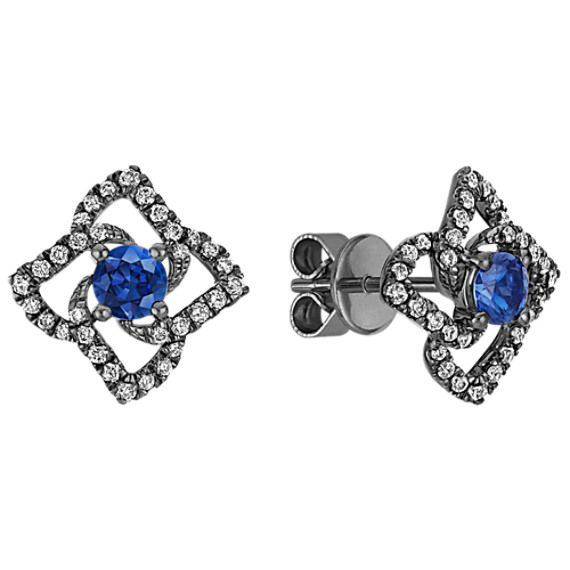 Round Sapphire and Diamond Floral Earrings with Black Rhodium Round Sapphire and Diamond Floral Earrings with Black Rhodium