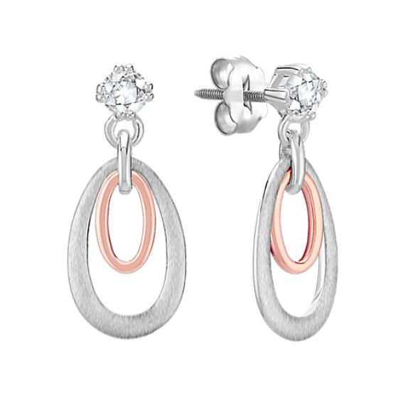 Round White Sapphire,Sterling Silver and 14k Rose Gold Earrings Round White Sapphire,Sterling Silver and 14k Rose Gold Earrings