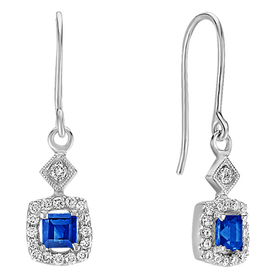 Square Cut Sapphire and Round Diamond Dangle Earrings Square Cut Sapphire and Round Diamond Dangle Earrings