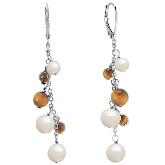 Tiger's Eye, Pearl and Sterling Silver Earrings Tiger's Eye, Pearl and Sterling Silver Earrings
