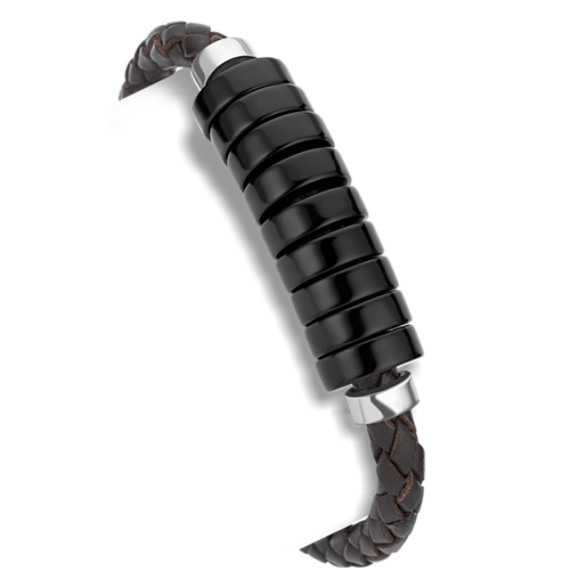 Braided Leather, Black Agate and Sterling Silver Bracelet (8") Braided Leather, Black Agate and Sterling Silver Bracelet (8")