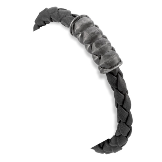 Stainless Steel and Black Leather Bracelet (9") Stainless Steel and Black Leather Bracelet (9")