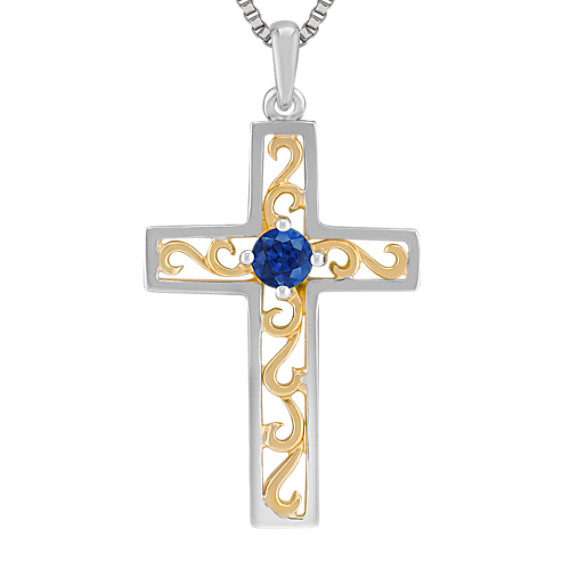 1/4 Round Sapphire Cross Pendant in Sterling Silver (18") 1/4 Round Sapphire Cross Pendant in Sterling Silver (18")