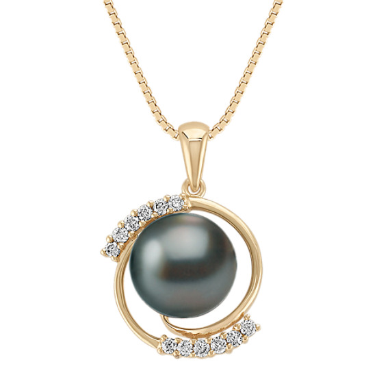 10mm Cultured Tahitian Pearl and Round Diamond Pendant (18") 10mm Cultured Tahitian Pearl and Round Diamond Pendant (18")