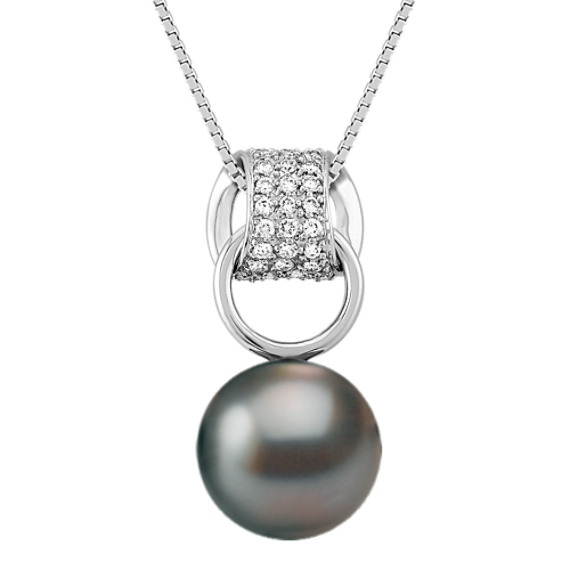 11mm Cultured Tahitian Pearl and Round Diamond Pendant (18") 11mm Cultured Tahitian Pearl and Round Diamond Pendant (18")