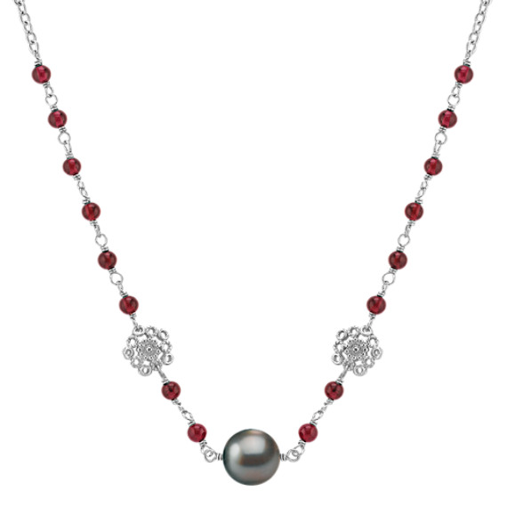 11mm Cultured Tahitian Pearl, Garnet, and Sterling Silver Necklace (18") 11mm Cultured Tahitian Pearl, Garnet, and Sterling Silver Necklace (18")