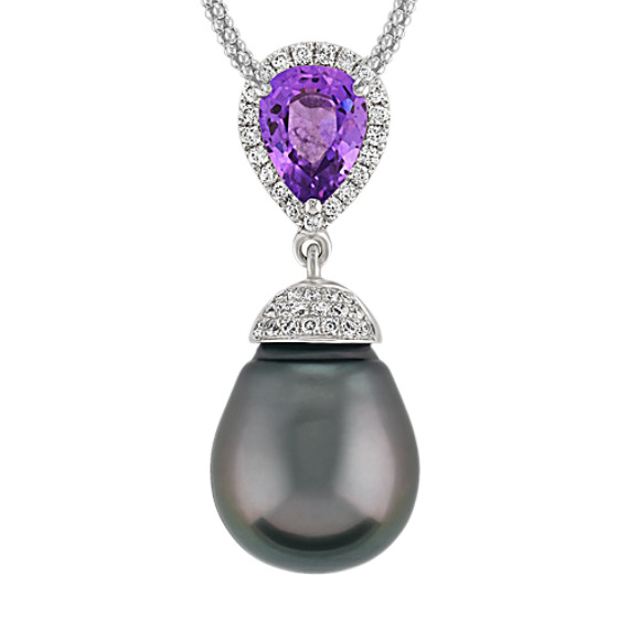 11mm Cultured Tahitian Pearl, Lavender Sapphire, and Diamond Pendant (22") 11mm Cultured Tahitian Pearl, Lavender Sapphire, and Diamond Pendant (22")