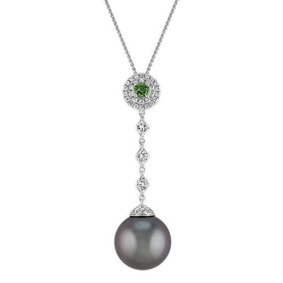 14mm Cultured Tahitian Pearl, Round Green Sapphire, and Diamond Pendant (22") 14mm Cultured Tahitian Pearl, Round Green Sapphire, and Diamond Pendant (22")