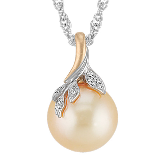 15mm Cultured Golden South Sea Pearl and Diamond Pendant in Two-Tone Gold (18") 15mm Cultured Golden South Sea Pearl and Diamond Pendant in Two-Tone Gold (18")