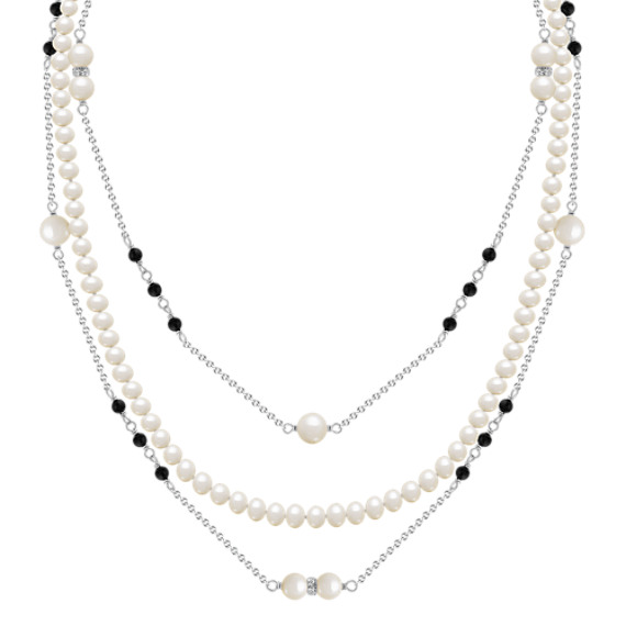 3.5-6mm Cultured Freshwater Pearl and Black Agate Necklace in Sterling Silver (22") 3.5-6mm Cultured Freshwater Pearl and Black Agate Necklace in Sterling Silver (22")
